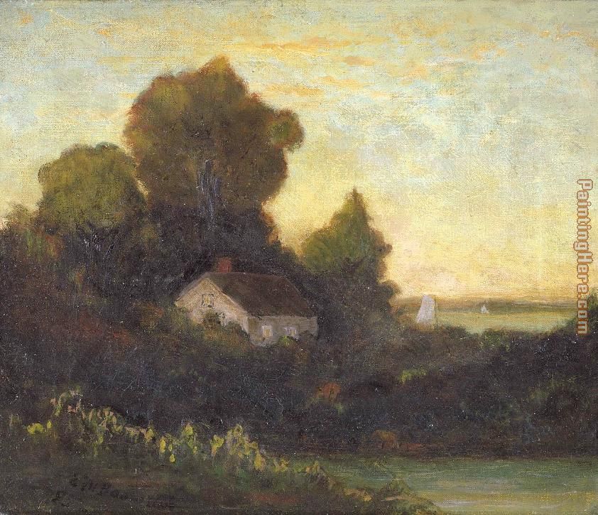 house in woods near lake painting - Edward Mitchell Bannister house in woods near lake art painting